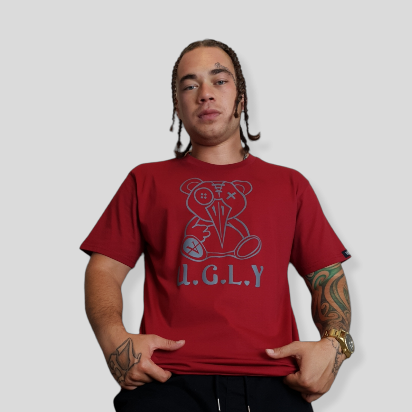 Mens UGLY T Shirt Rich Red With Grey Print
