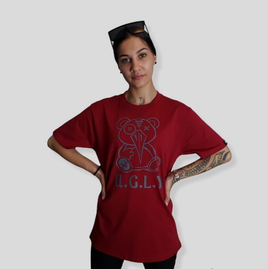 Womens UGLY T Shirt Rich Red With Grey Print